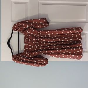 Abercrombie brown and white polka dot puff sleeve mini dress pockets